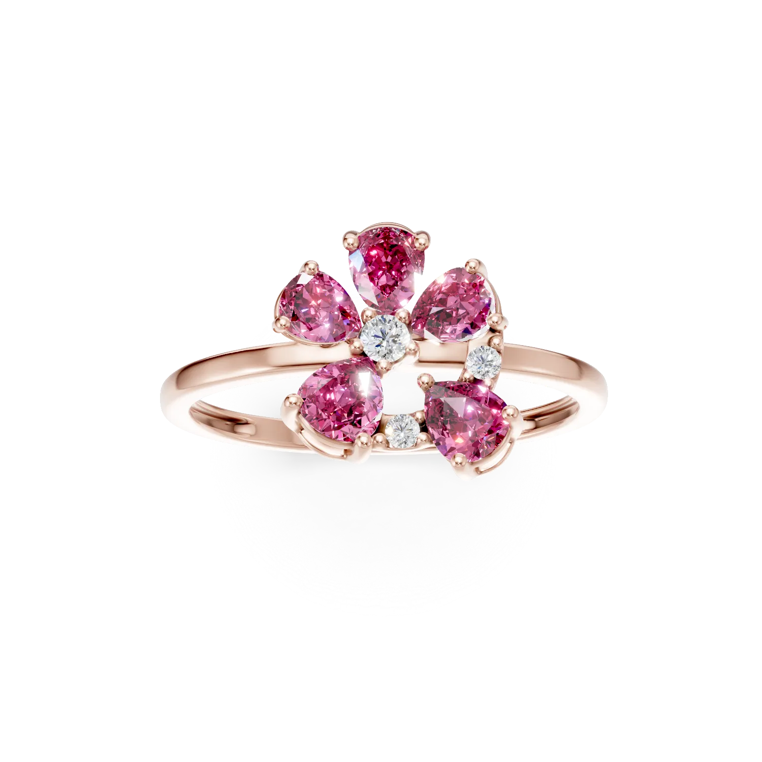 Rose gold floral ring with 0.76ct pear-cut pink sapphires and 0.04ct diamonds