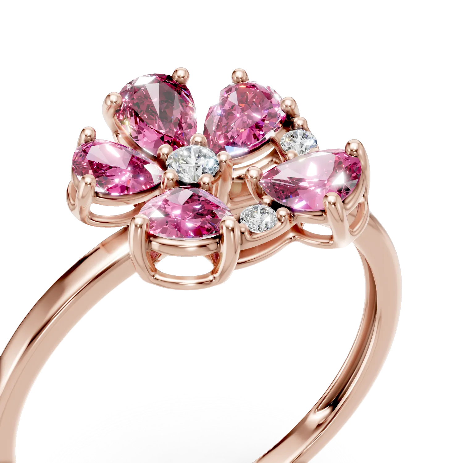 Rose gold floral ring with 0.76ct pear-cut pink sapphires and 0.04ct diamonds