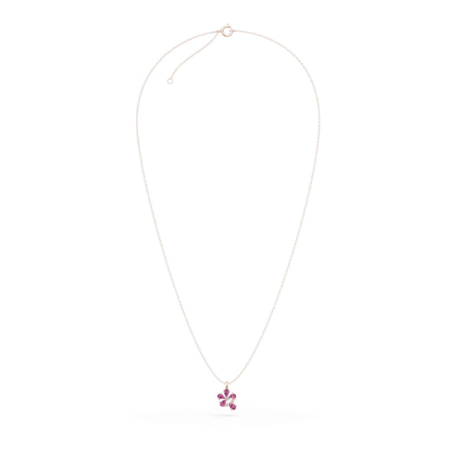 Naszyjnik z kwiatowa zawieszka z rozowego zlota z rozowymi szafirami w szlifie gruszki 0.77ct i diamentami 0.04ct