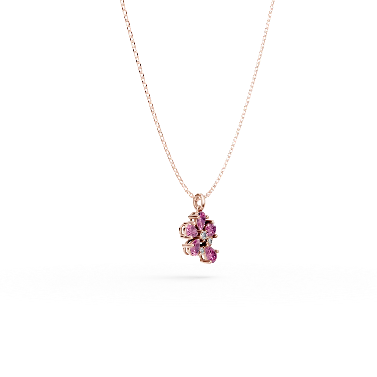 Naszyjnik z kwiatowa zawieszka z rozowego zlota z rozowymi szafirami w szlifie gruszki 0.77ct i diamentami 0.04ct