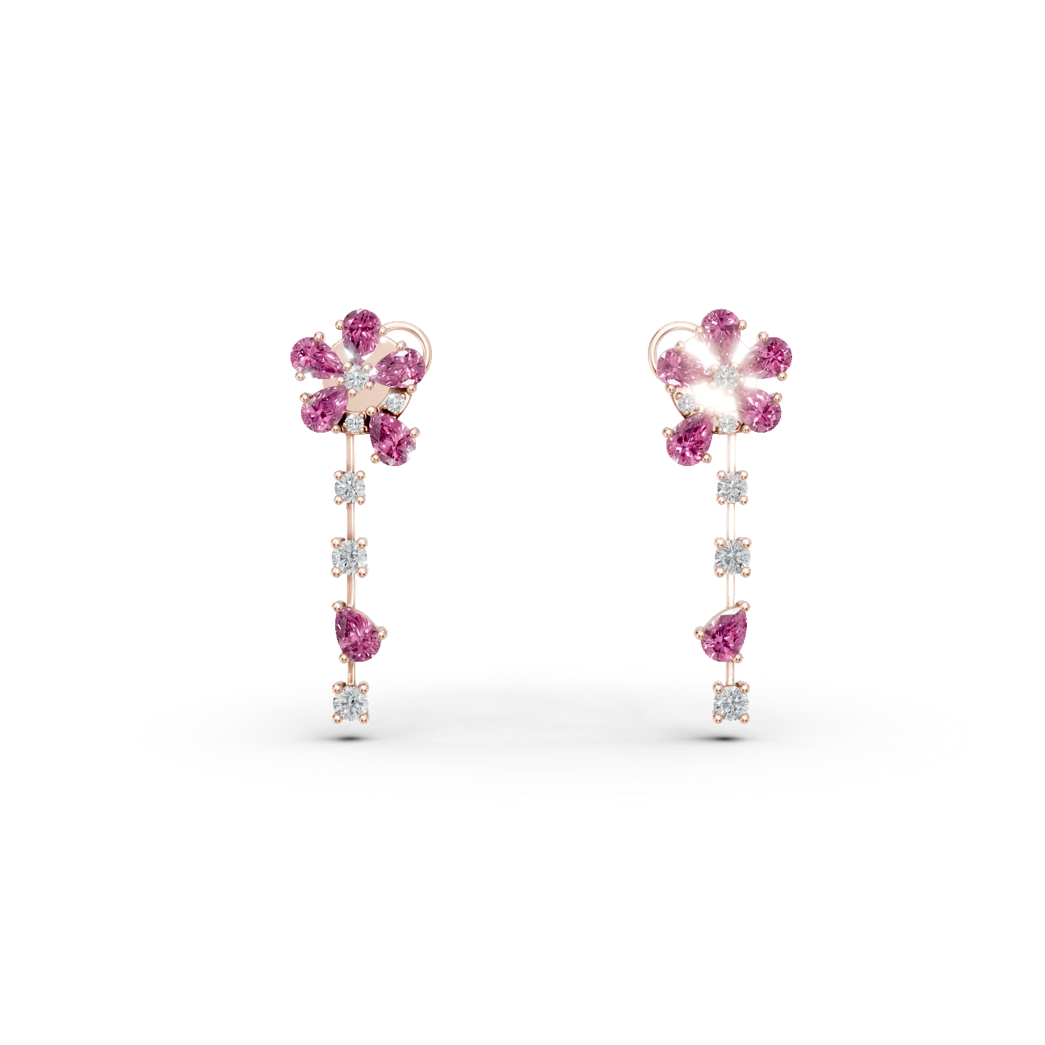 Cercei florali din aur roz cu safire roz pear de 2.1ct si diamante de 0.37ct