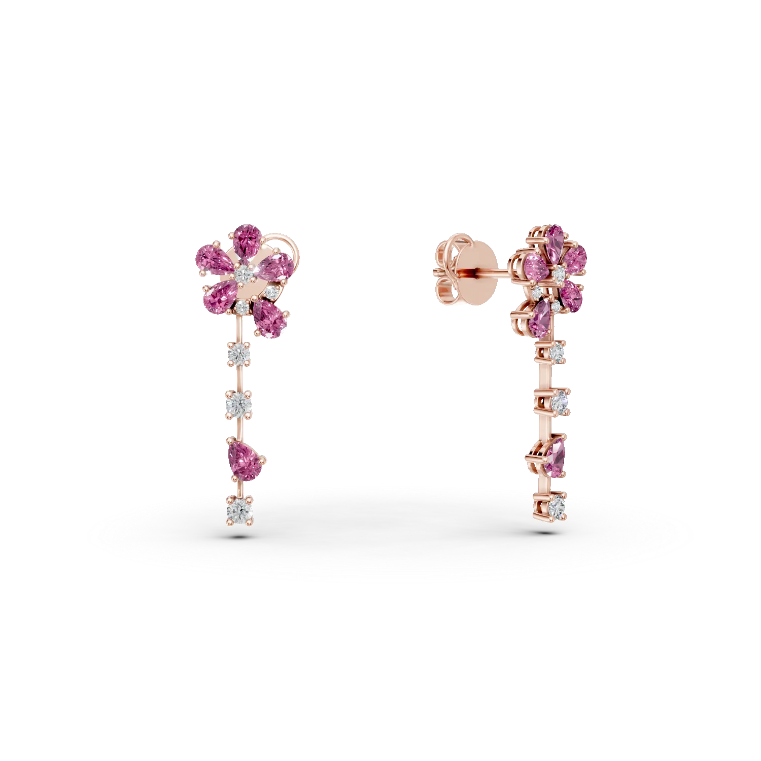 Kwiatowe kolczyki z rozowego zlota z rozowymi szafirami w szlifie gruszki 2.1ct i diamentami 0.37ct
