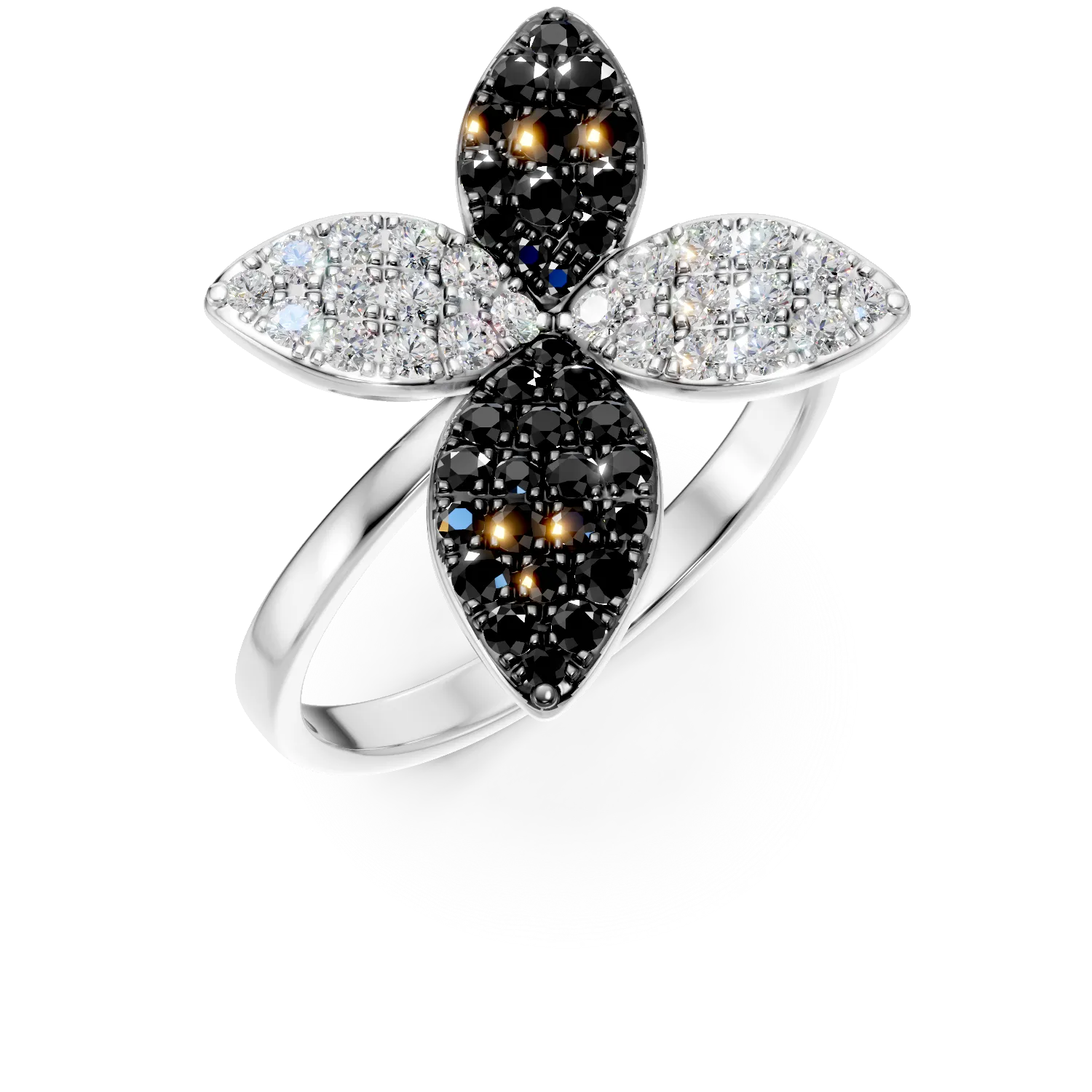 Teilor Inel floral din aur alb cu diamante negre si incolore de 0.76ct