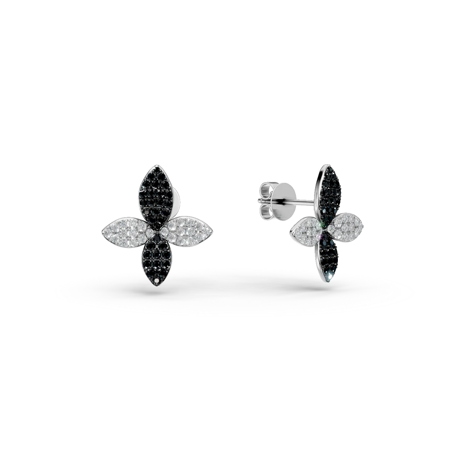 Teilor Cercei florali din aur alb cu diamante negre si incolore de 1.02ct