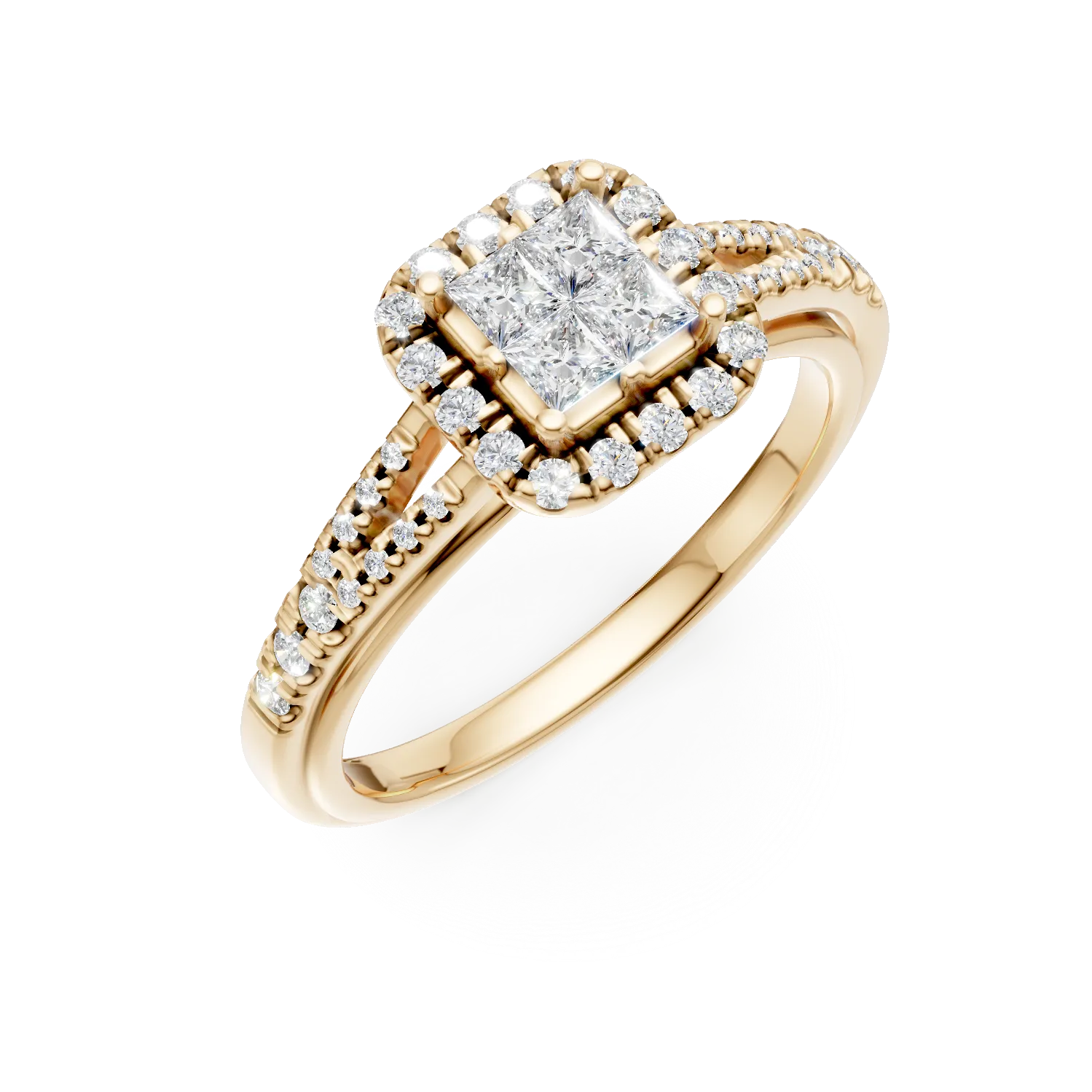 Inel de logodna din aur galben cu diamante pincess de 0.26ct si diamante de 0.29ct