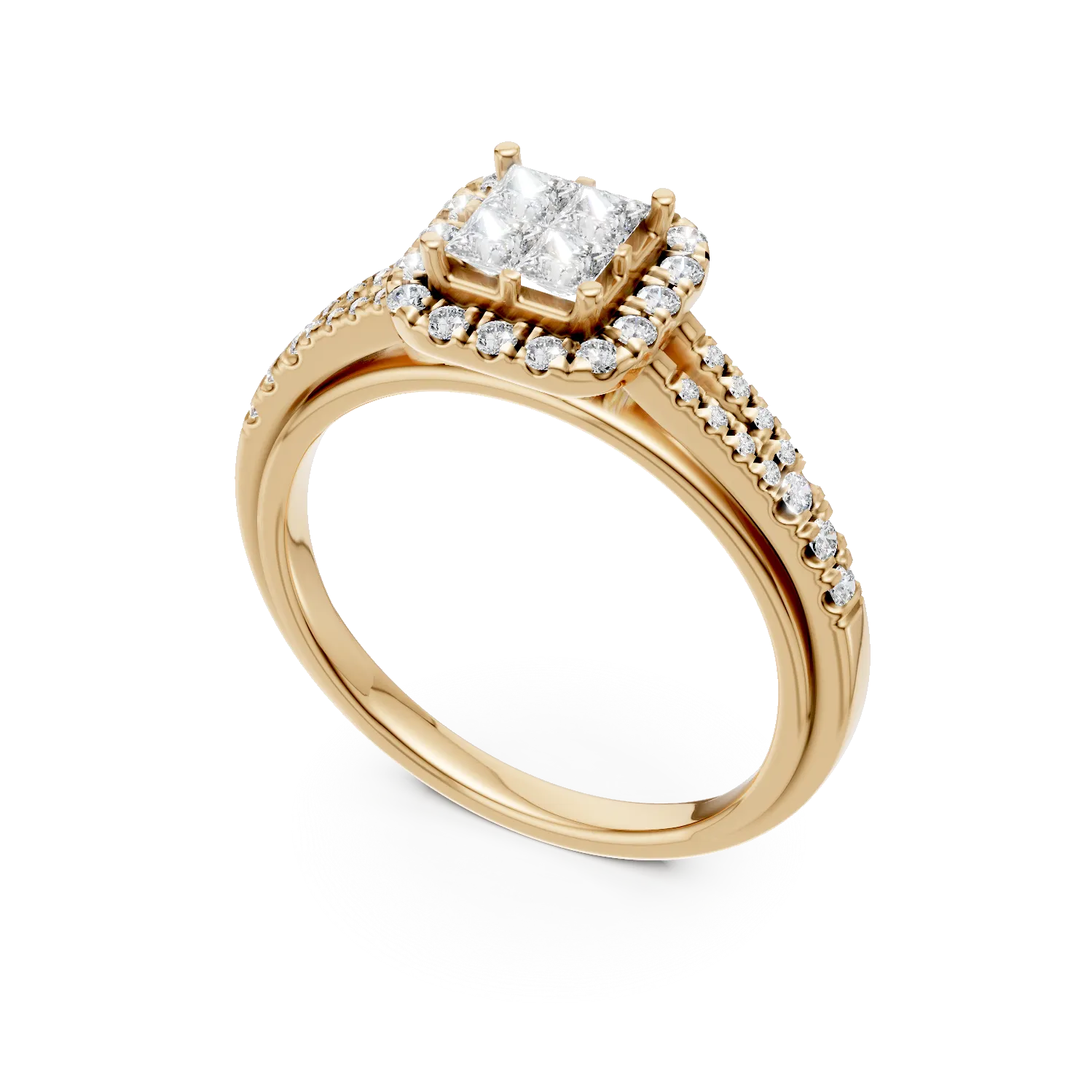 Sárgaarany eljegyzési gyűrű 0.26ct princess csiszolású gyémántokkal és 0.29ct gyémántokkal