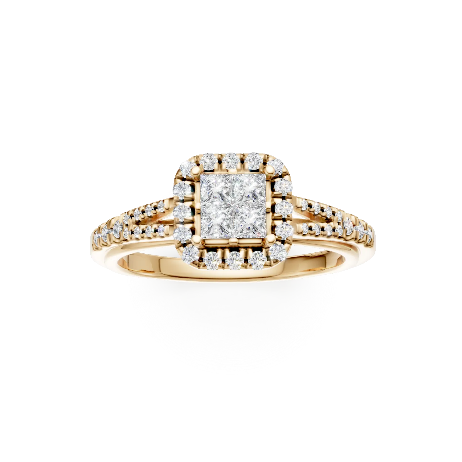 Sárgaarany eljegyzési gyűrű 0.26ct princess csiszolású gyémántokkal és 0.29ct gyémántokkal