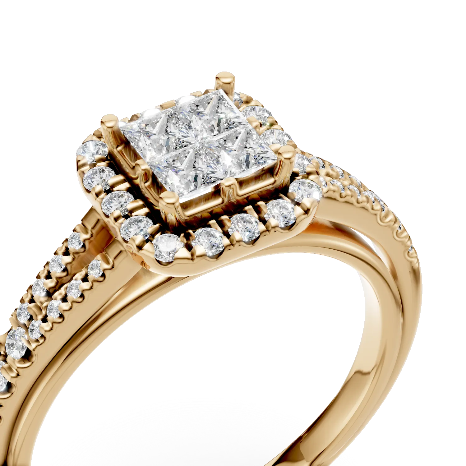 Sárgaarany eljegyzési gyűrű 0.26ct princess csiszolású gyémántokkal és 0.29ct gyémántokkal