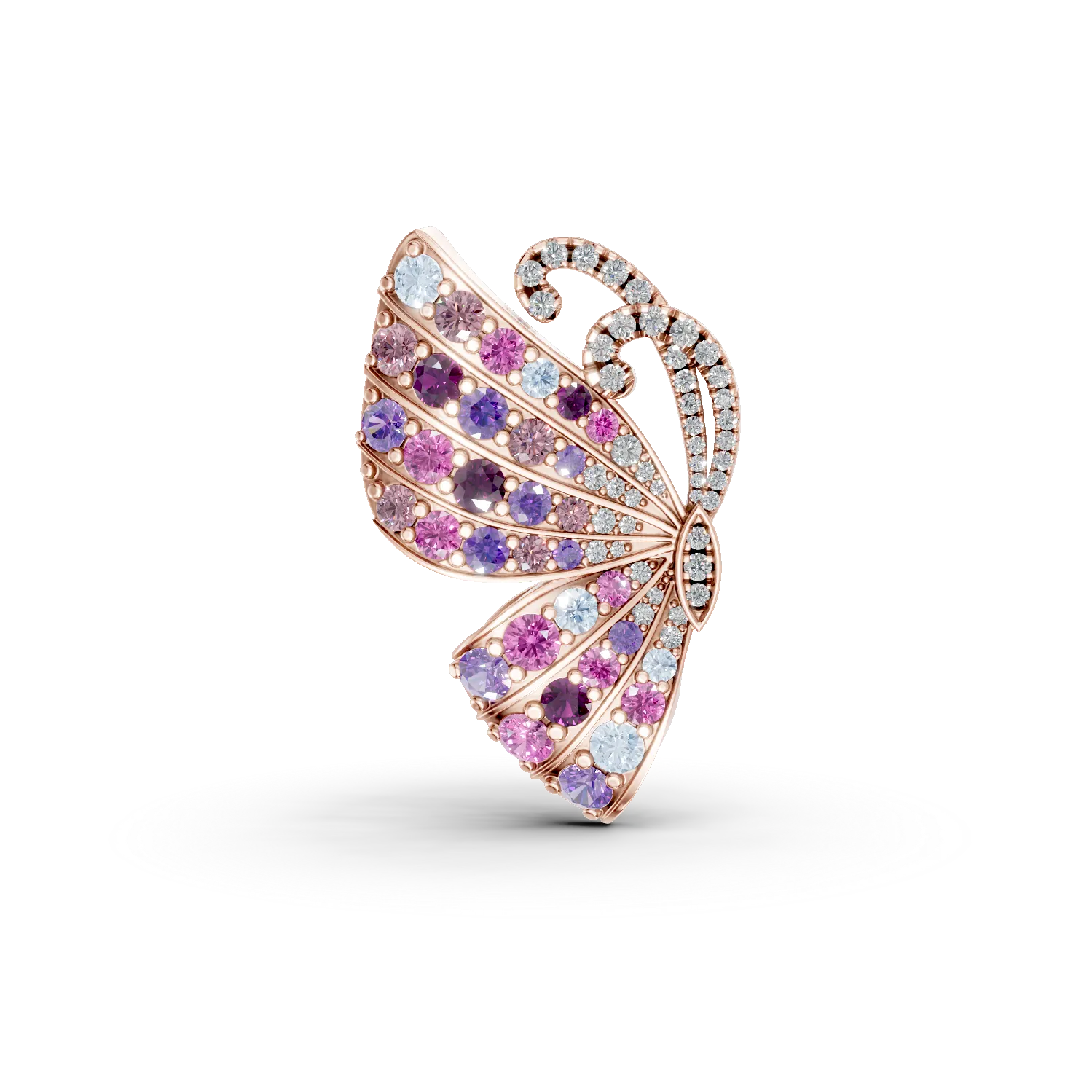 Brosa fluture din aur roz cu pietre pretioase si semipretioase de 1.58ct