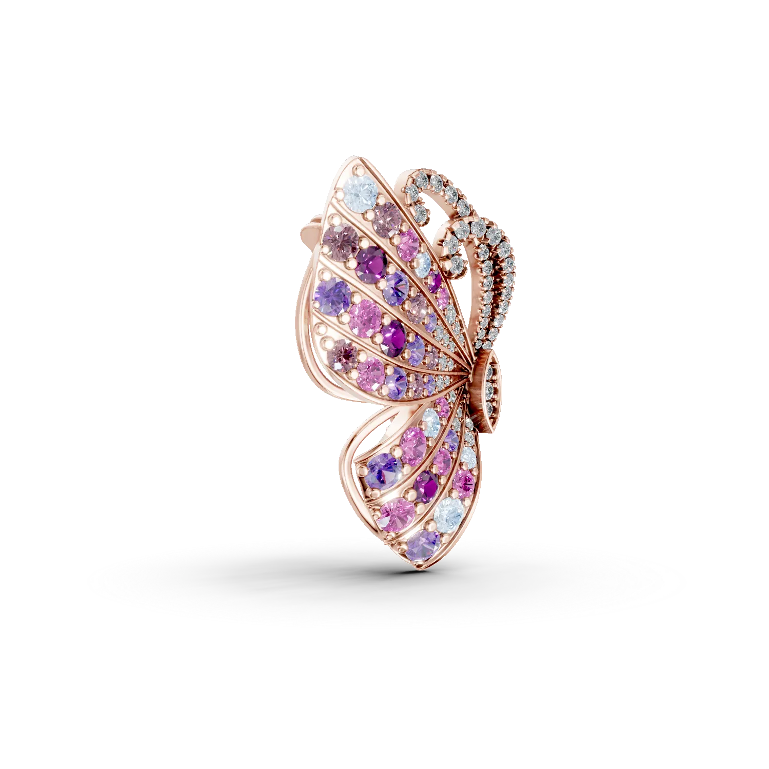 Rose gold butterfly brooch with 1.58ct precious and semi-precious stones