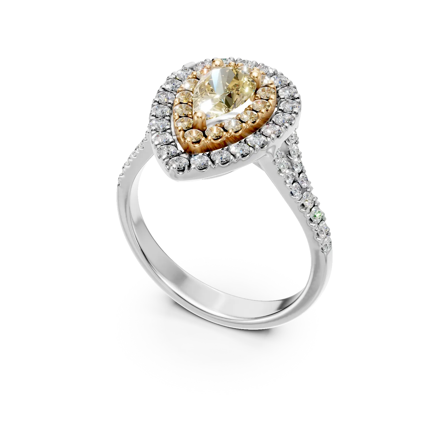Inel din aur alb-galben cu un diamant galben de 0.6ct pear si diamante de 0.7ct — imaginea 2