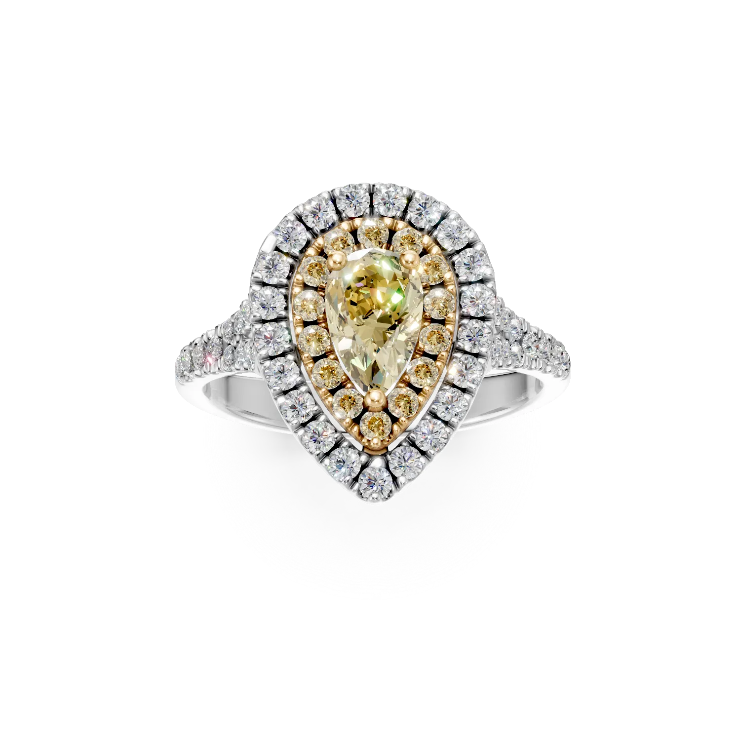 Inel din aur alb-galben cu un diamant galben de 0.6ct pear si diamante de 0.7ct — imaginea 3