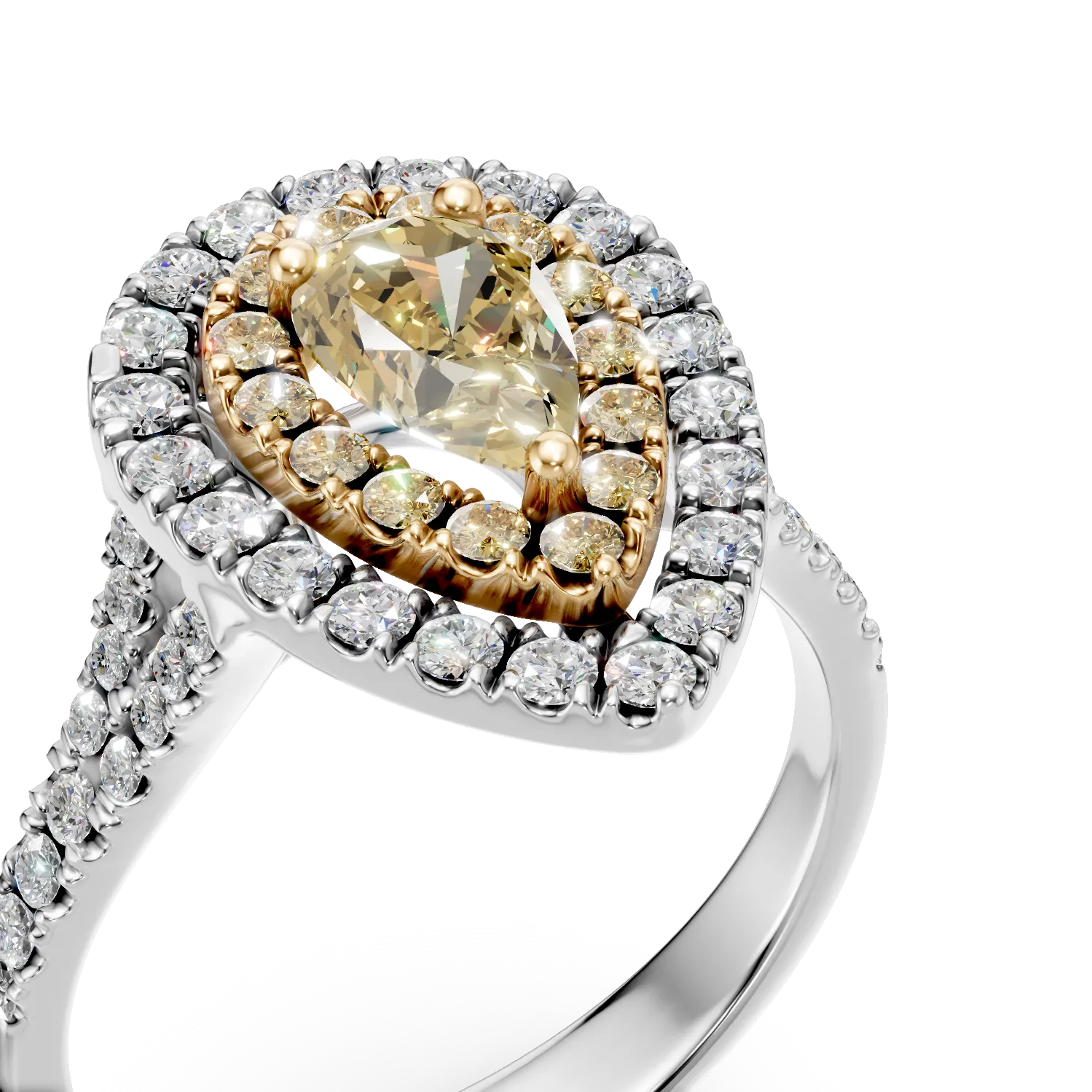 Inel din aur alb-galben cu un diamant galben de 0.6ct pear si diamante de 0.7ct — imaginea 4