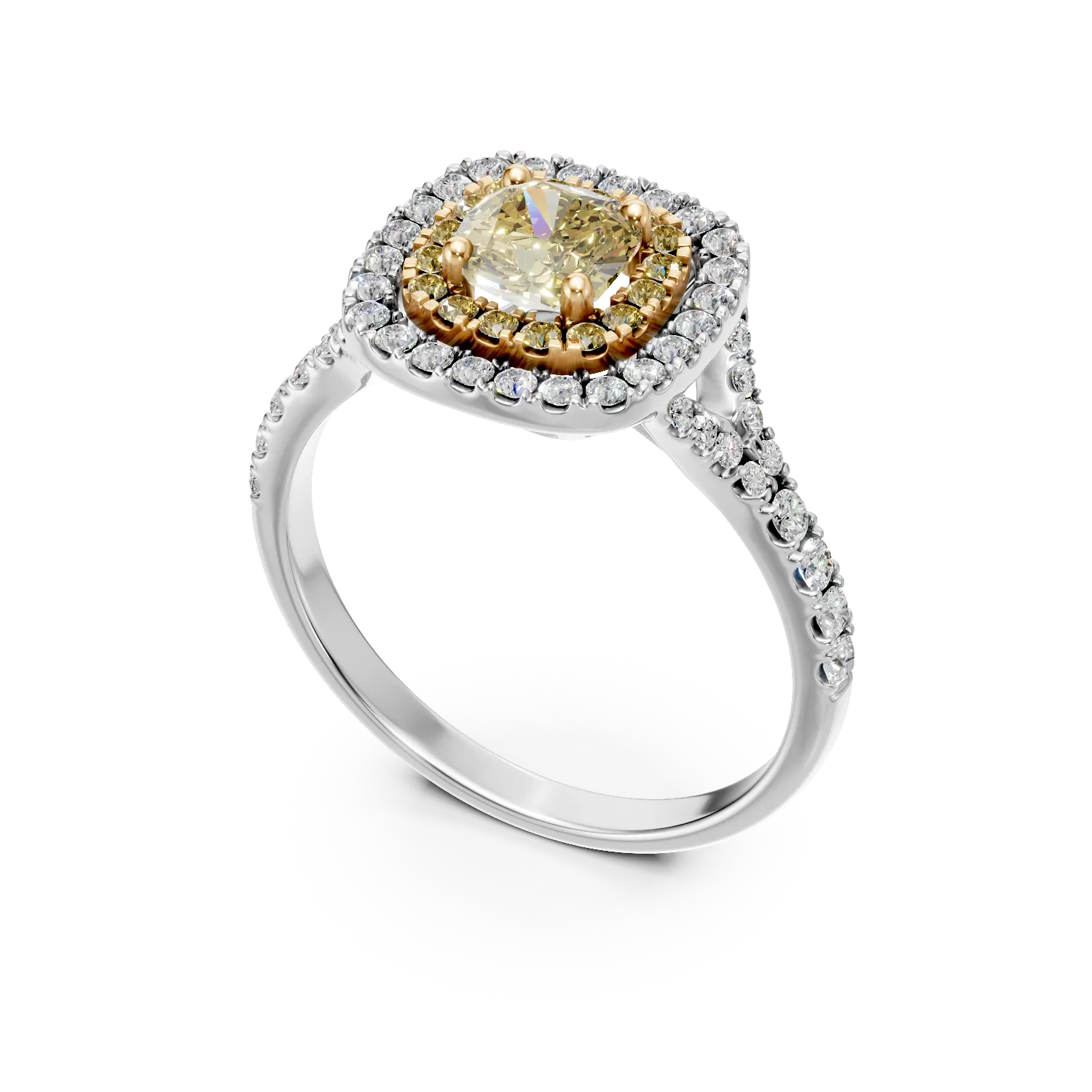 Inel din aur alb-galben cu un diamant galben de 1.2ct cushion si diamante de 0.5ct — imaginea 2