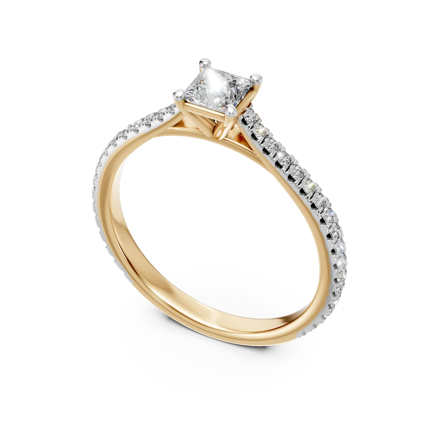 Inel de logodna din aur alb cu un diamant princess de 0.3ct si diamante de 0.16ct