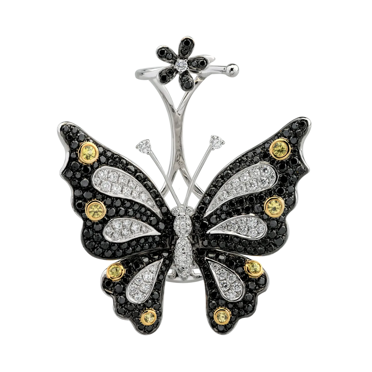 Inel cu fluture si floare din aur alb cu pietre pretioase de 3.53ct