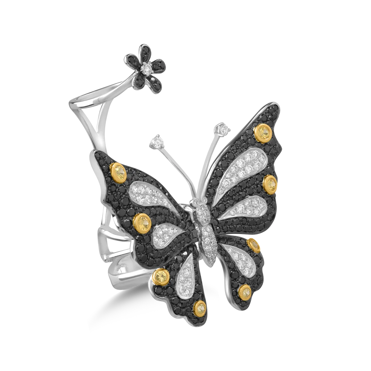 Пръстен пеперуда от бяло злато 18К с жълти сапфири 0.42гкт, черни диаманти 2.27гкт и прозрачни диаманти 0.84гкт