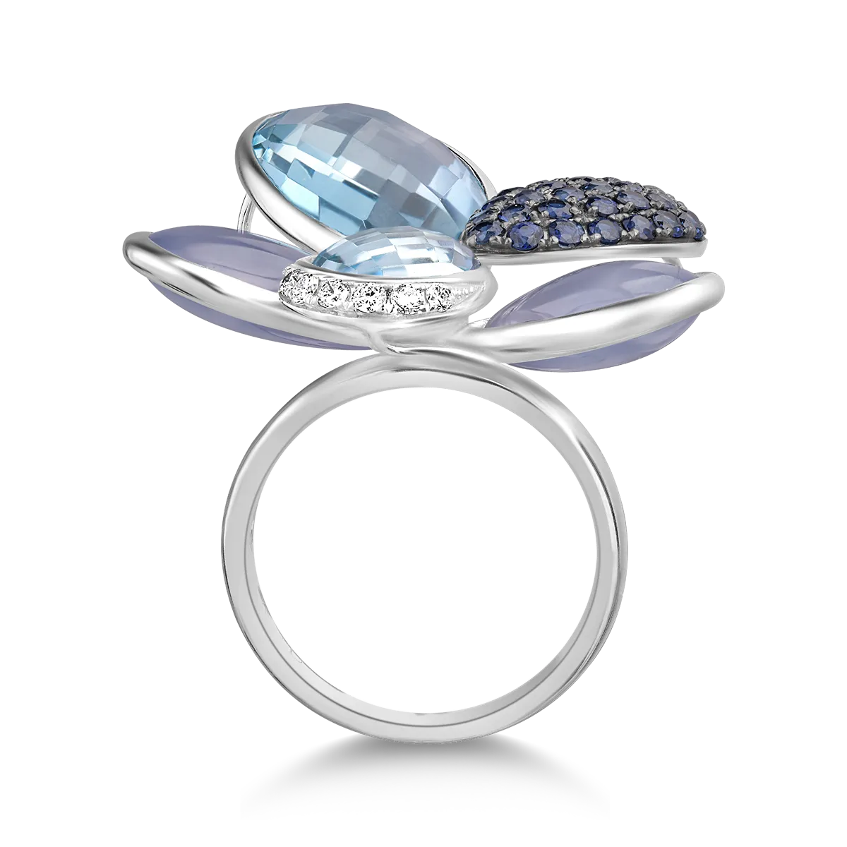Gyűrű 18k-os fehér aranyból 17.34ct kék topázzal és 7,48ct kék kalcedonnal