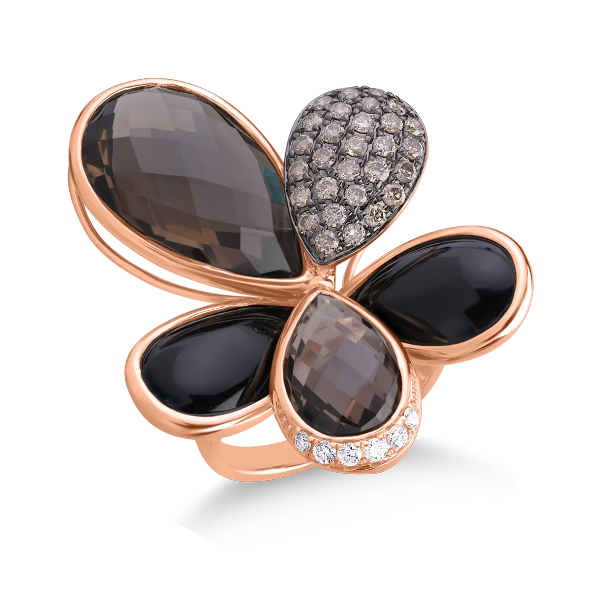 18K rose gold ring with smoky quartz of 13.25ct and onyx of 7.53ct 52