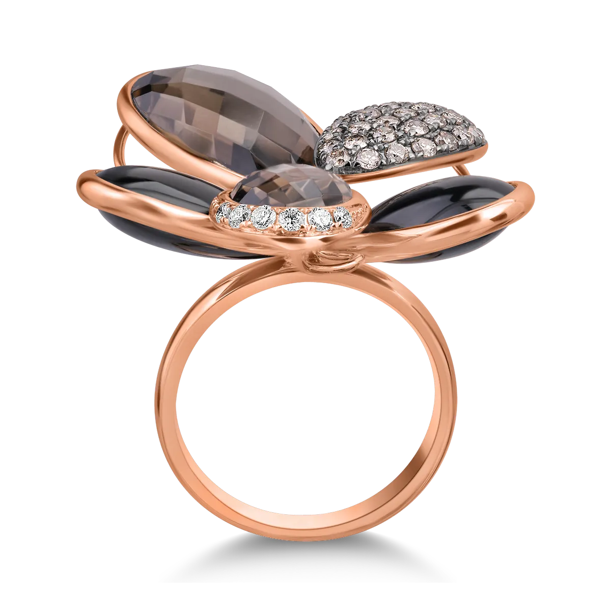 18K rose gold ring with smoky quartz of 13.28ct and onyx of 7.56ct