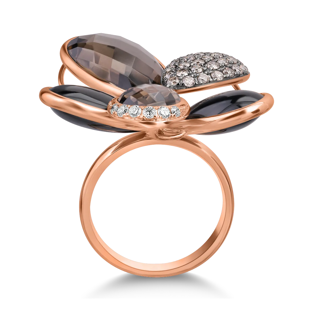 Gyűrű 18k-os rózsaszín aranyból 13.25ct füstös kvarccal és 7,53ct 52 onixxal