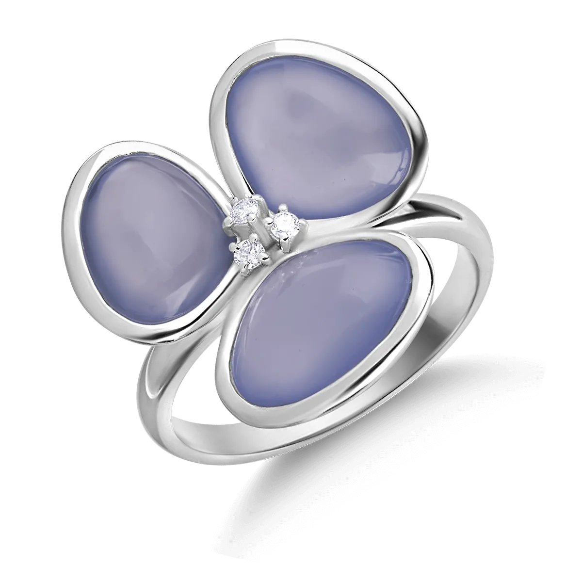 Pierścionek z 18K białego złota, niebieskie chalcedony 7.27kr i diamenty 0.04kr