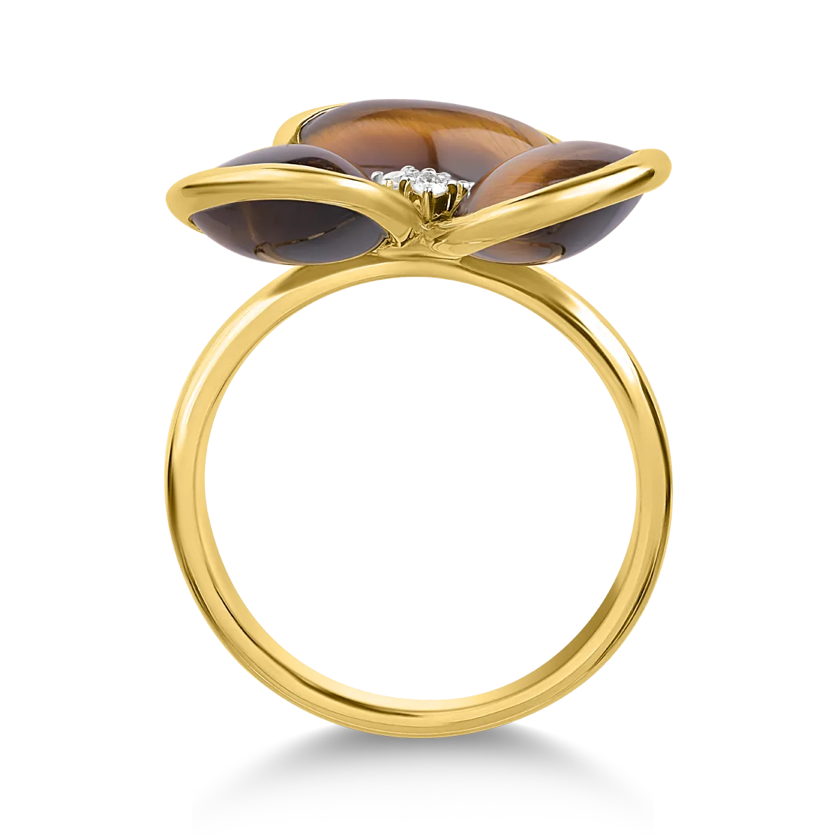 Gyűrű 18K-os sárga aranyból 7,555ct tigrisszemmel (kvarc féle, homályos) és 0,04ct gyémántokkal. Gramm: 4,78