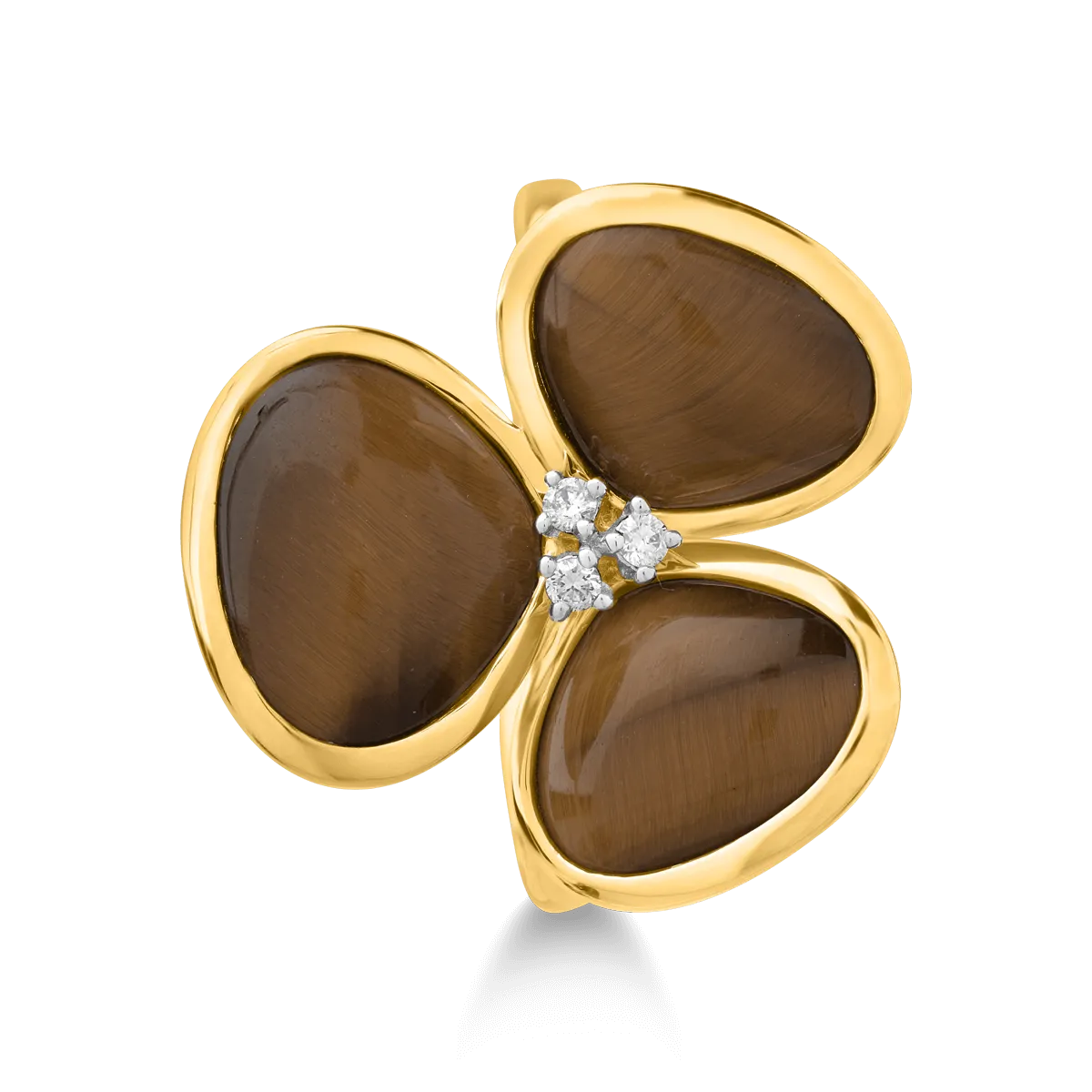 Gyűrű 18K-os sárga aranyból 7,555ct tigrisszemmel (kvarc féle, homályos) és 0,04ct gyémántokkal. Gramm: 4,78