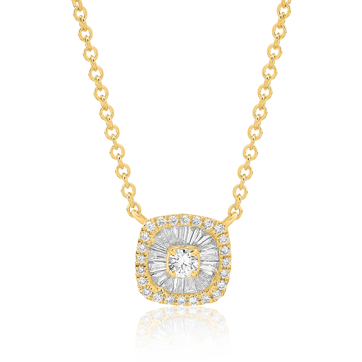 Lant cu pandantiv din aur galben cu diamante baguette si rotunde de 0.28ct