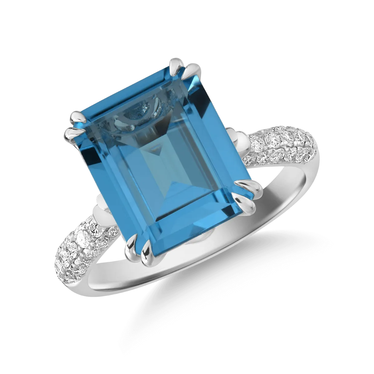 Gyűrű 14K-os fehér aranyból 7.9ct kék topázzal és 0.29ct gyémánttal