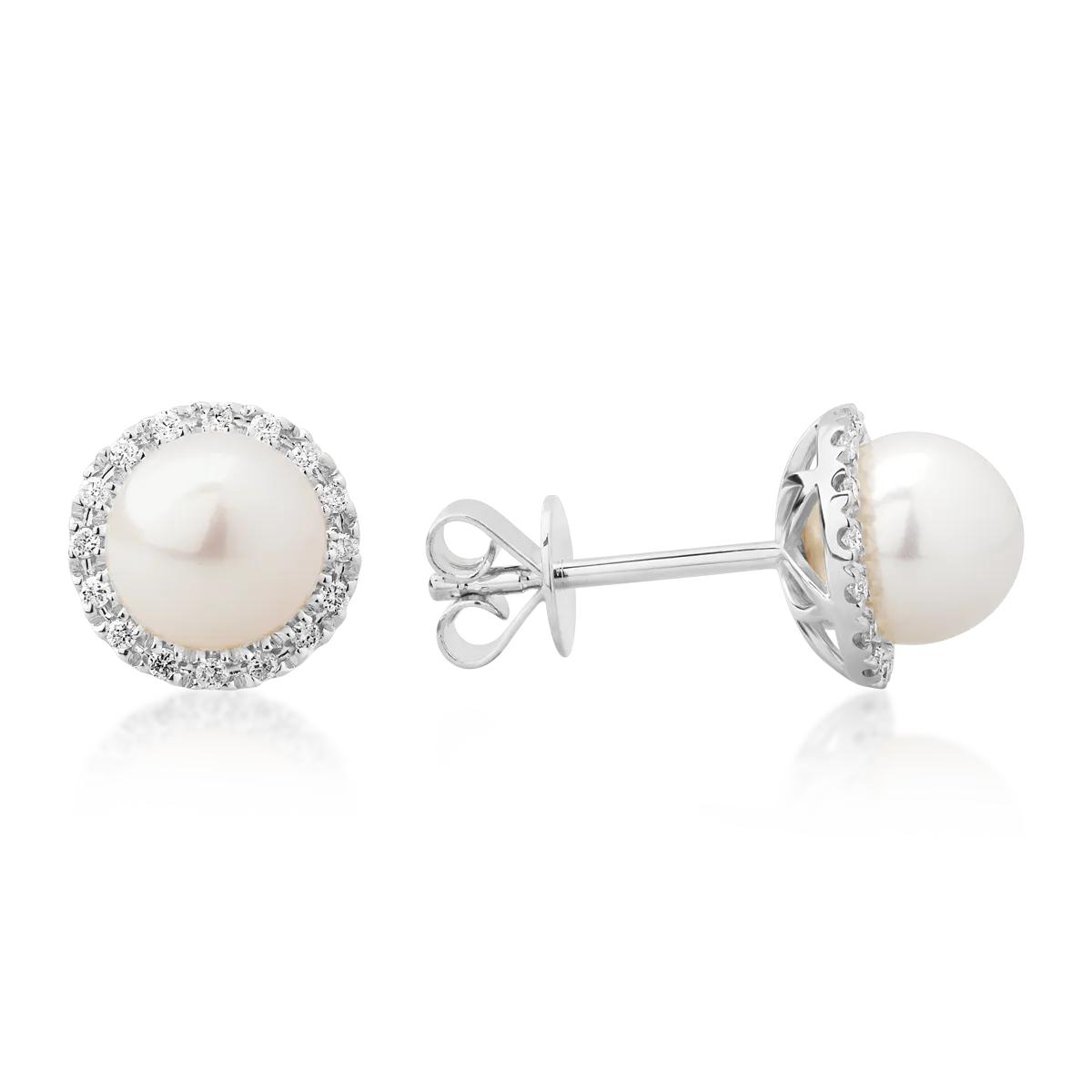 Cercei din aur alb de 14K cu perle de apa dulce de 2ct si diamante de 0.119ct