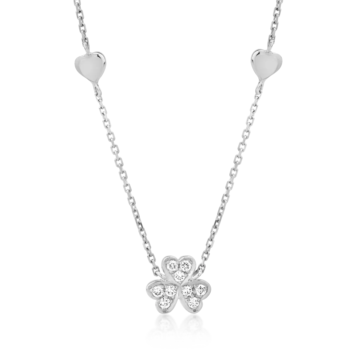 Colier cu trifoi si inimioare din aur alb cu diamante de 0.061ct