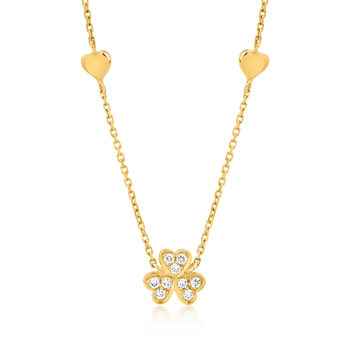 18K yellow gold clover and hearts necklace with 0.062ct diamonds