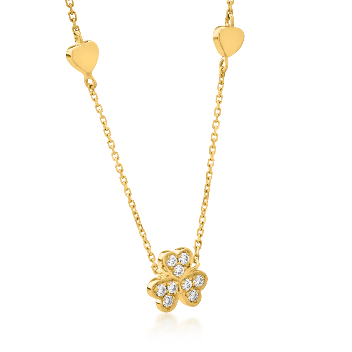 18K yellow gold clover and hearts necklace with 0.062ct diamonds