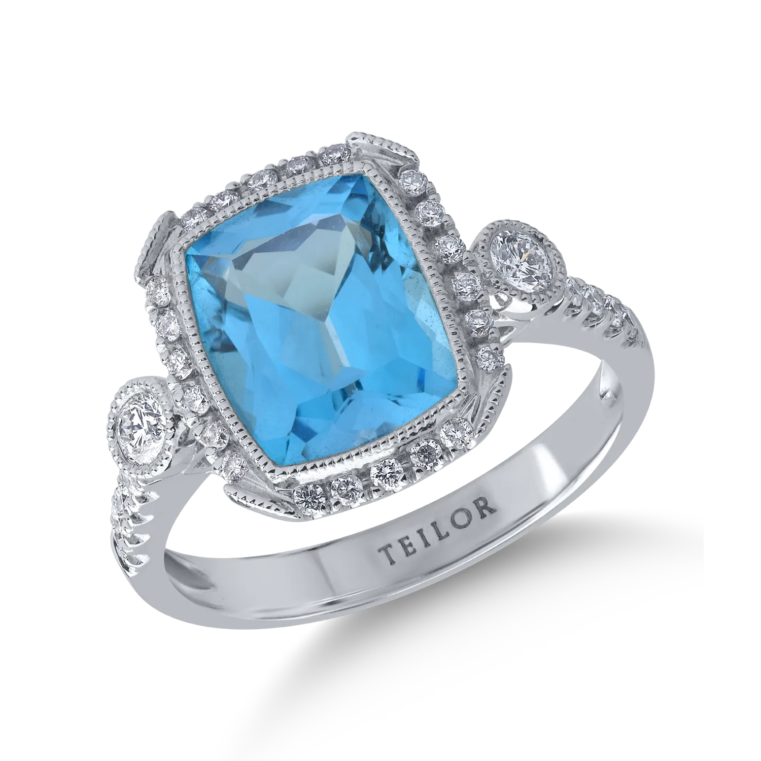 Inel din aur alb de 18K cu topaz albastru de 4ct si diamante de 0.39ct