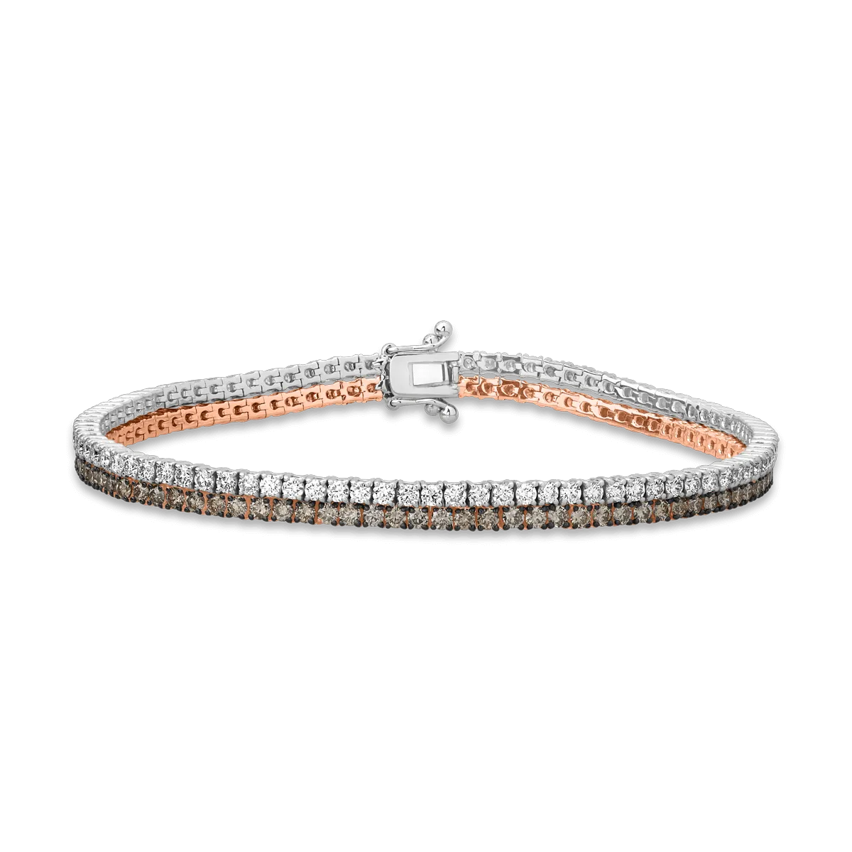 18K white-rose gold tennis bracelet with clear diamonds of 2.35ct and brown diamonds of 2.35ct