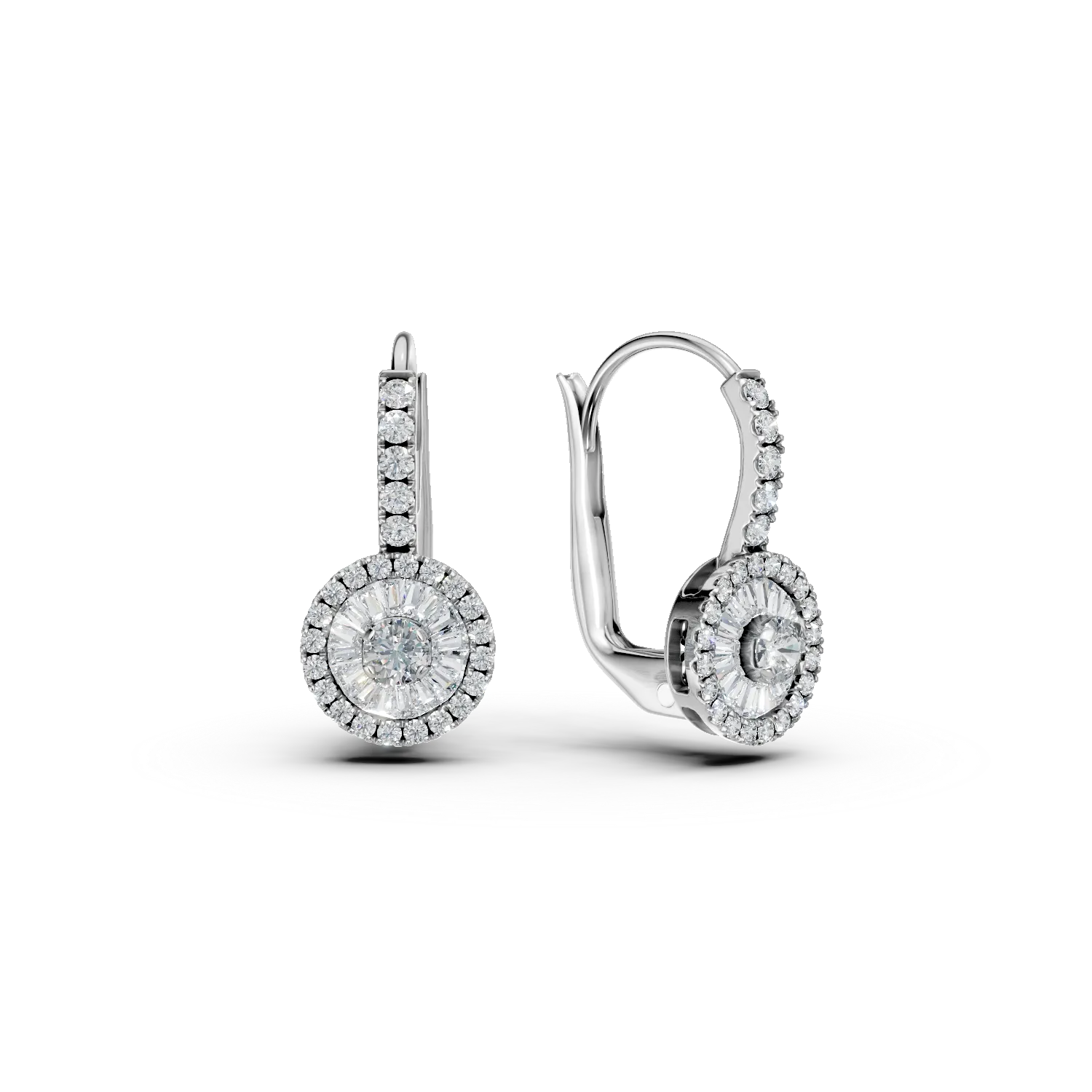 Cercei din aur alb cu diamante baguette si rotunde de 0.5ct