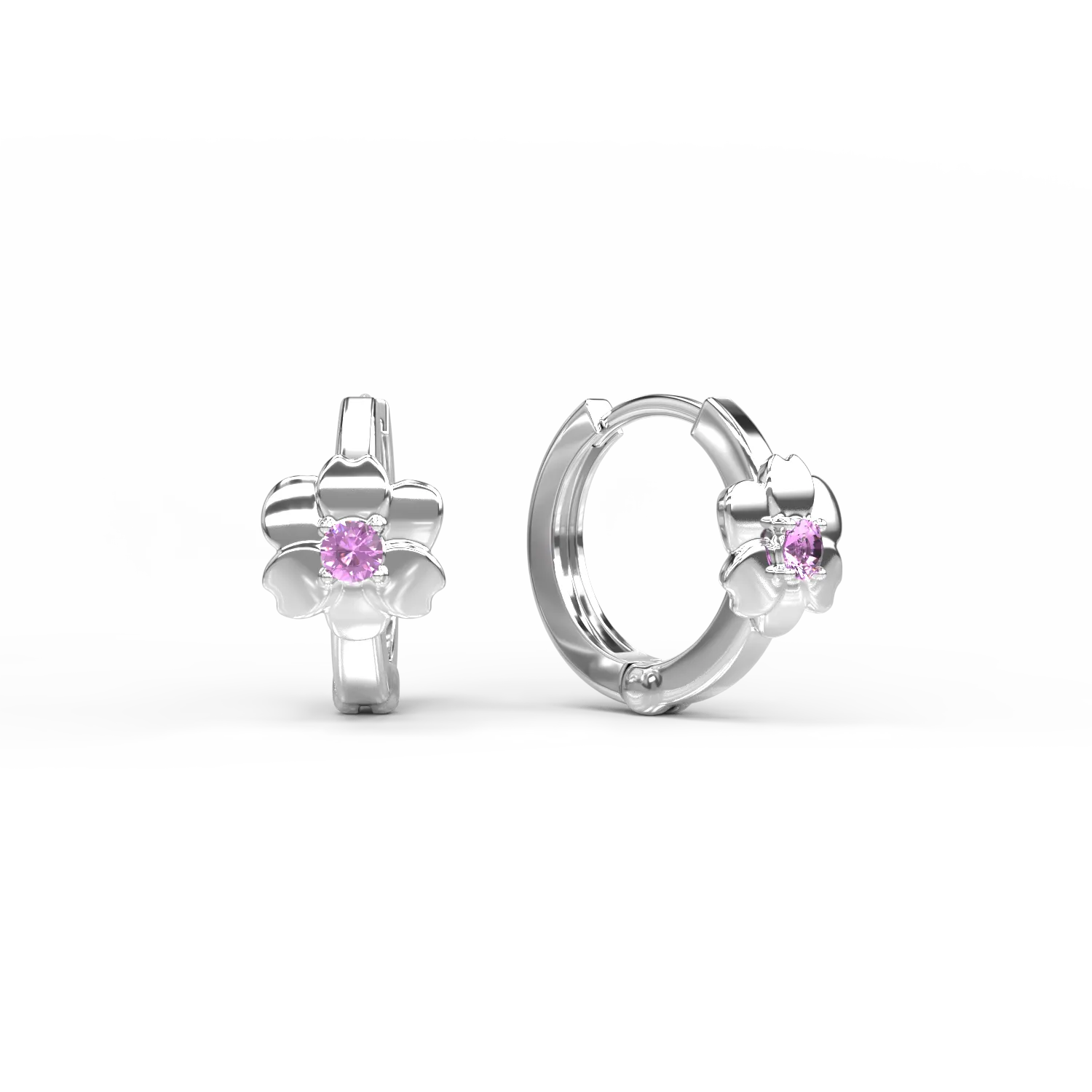 14K white gold little flowers children earrings with 0.072ct pink sapphires