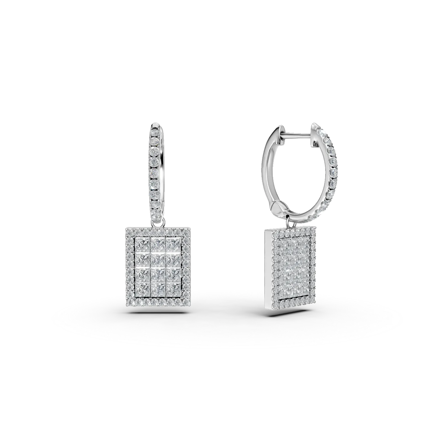 Cercei din aur alb cu diamante princess si rotunde de 1.32ct