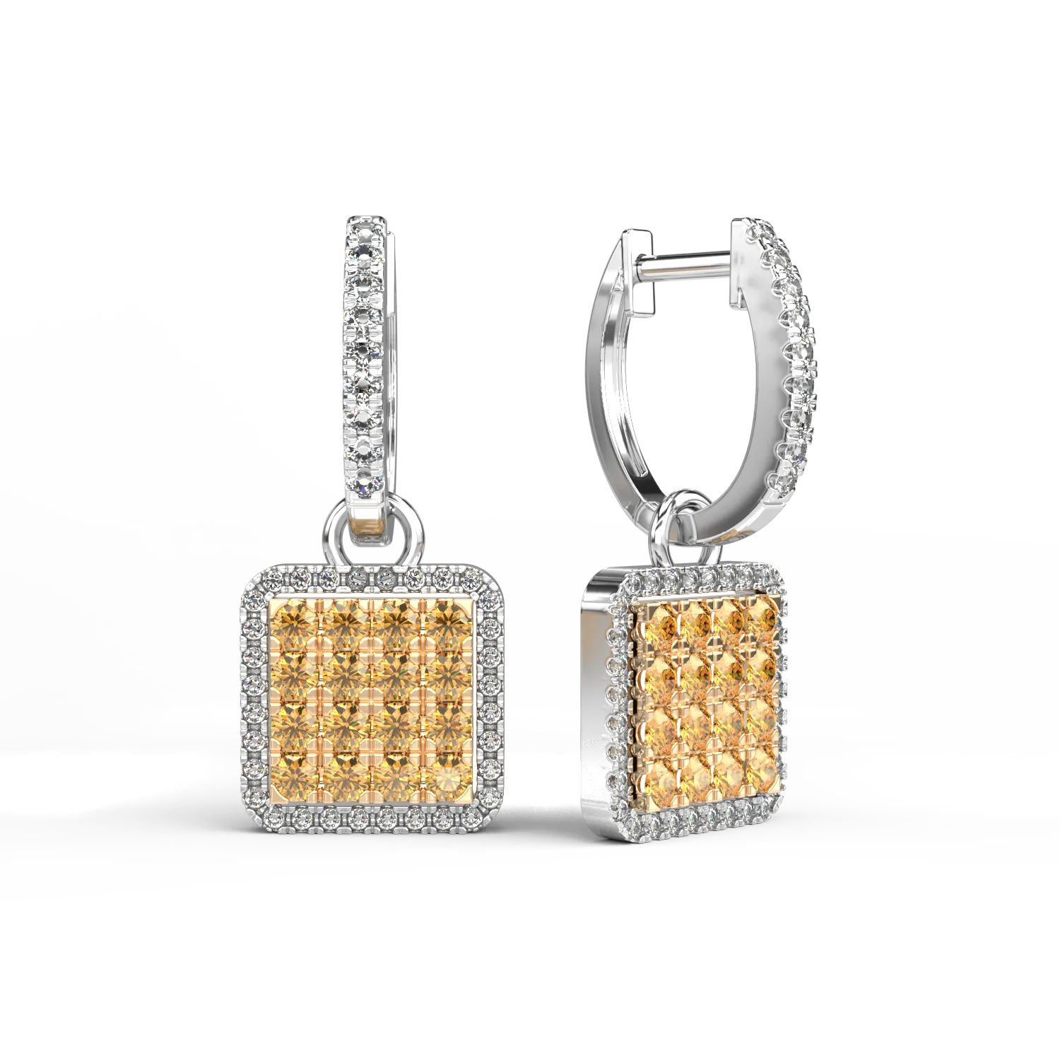 Cercei din aur alb-galben cu safire galbene de 0.82ct si diamante de 0.42ct