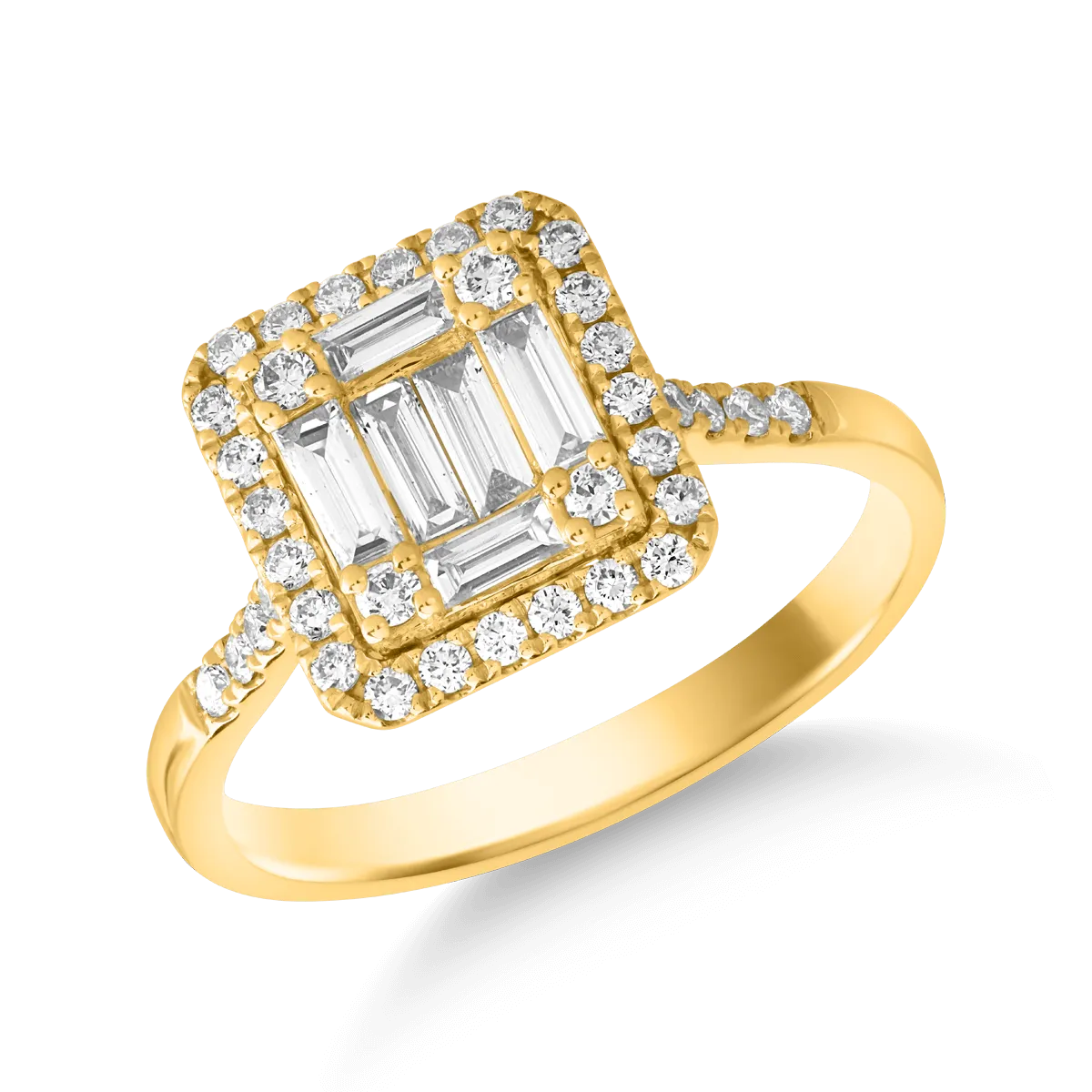 Inel din aur galben cu diamante baguette de 0.4ct si diamante de 0.3ct