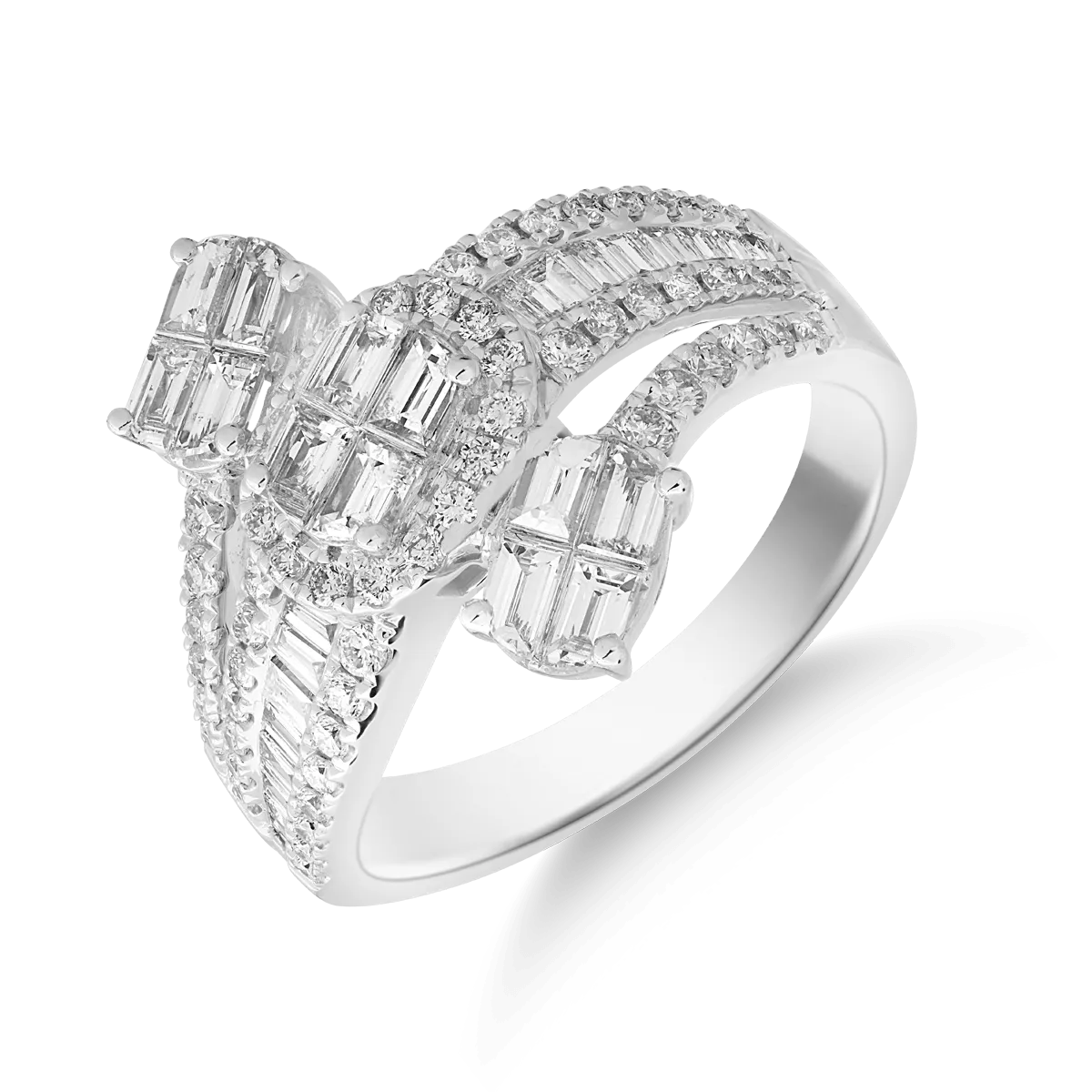 Inel geometric din aur alb cu diamante baguette si rotunde de 1.4ct