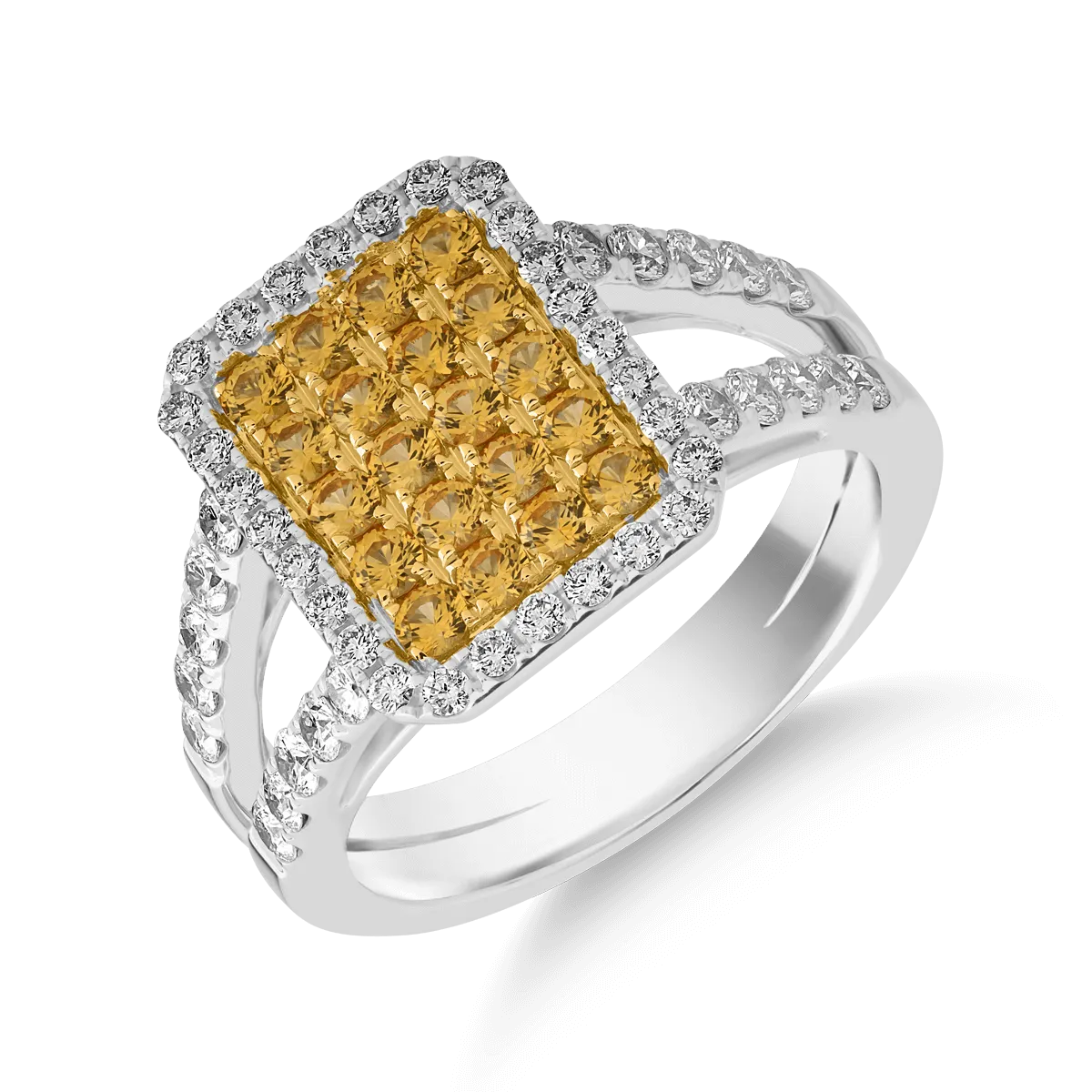 Inel din aur alb-galben de 18K cu safire galbene de 0.67ct si diamante de 0.69ct