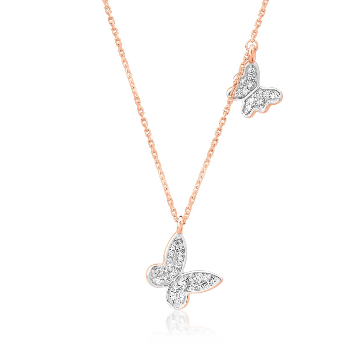 Lant cu pandantive fluturi din aur roz-alb cu diamante de 0.1ct