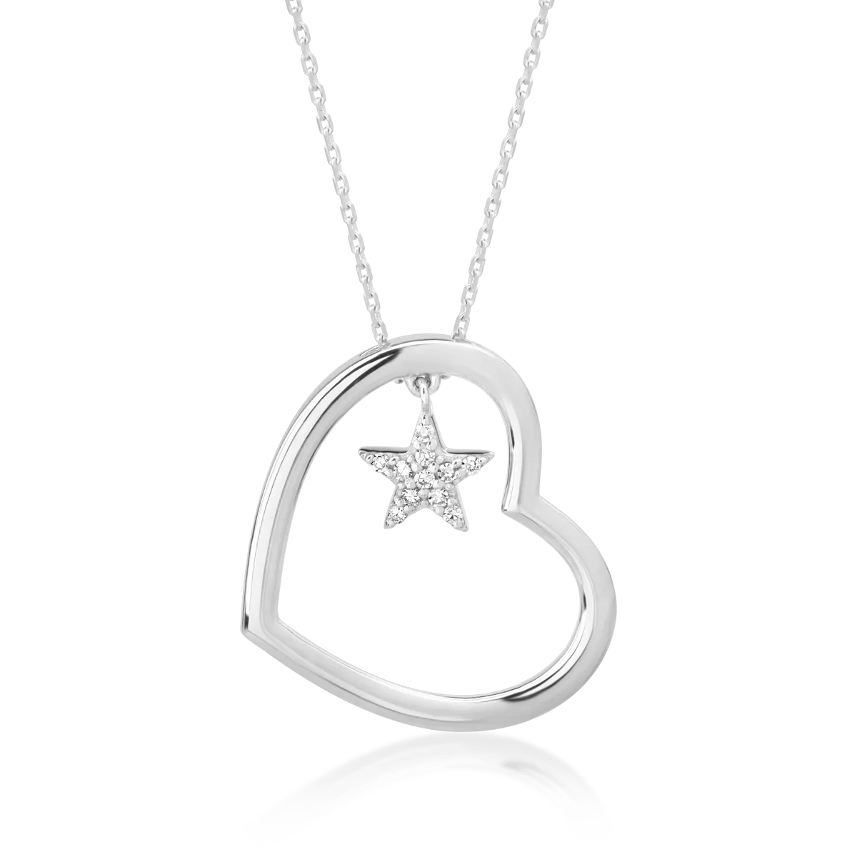 Lant cu pandantiv inima si steluta din aur alb cu diamante de 0.04ct