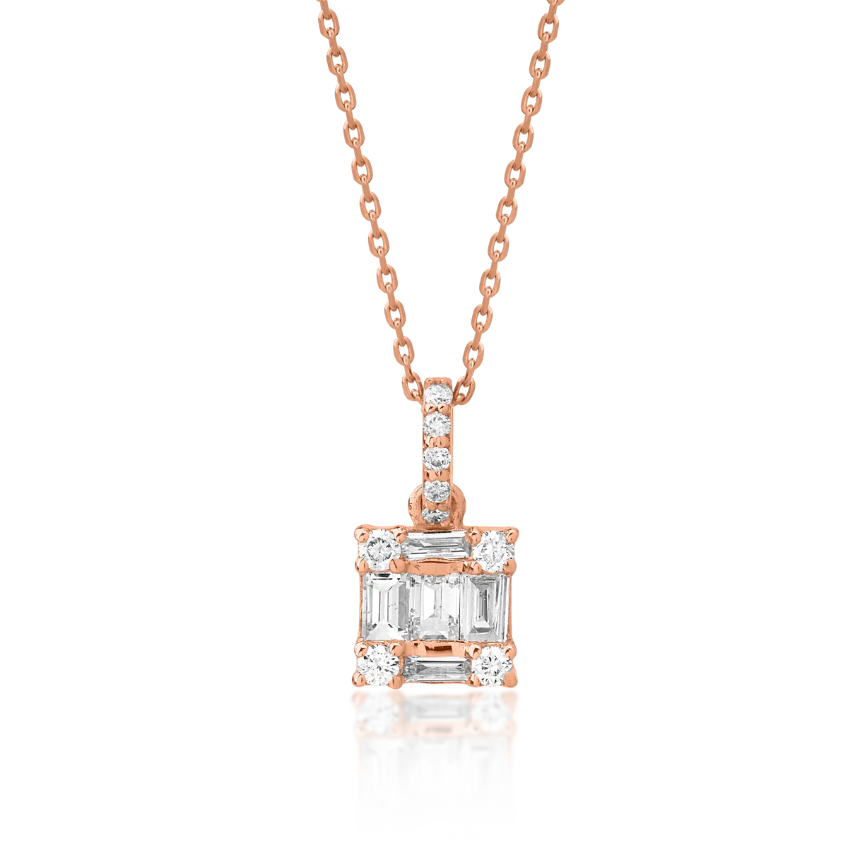 Lant cu pandantiv din aur roz cu diamante baguette si rotunde de 0.15ct