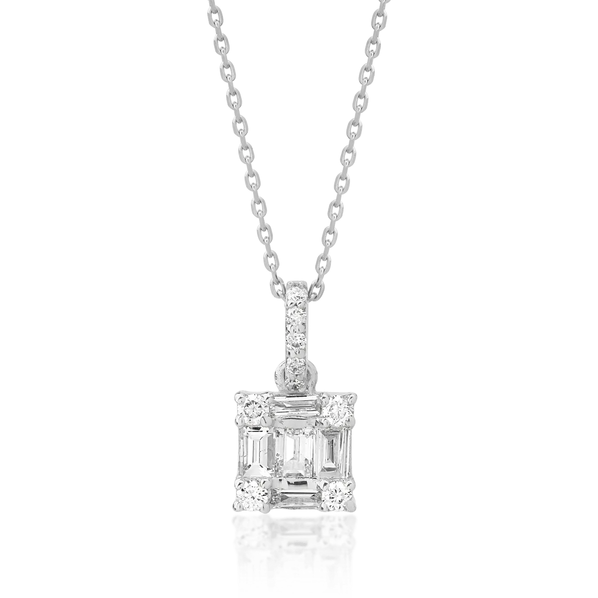 Lant cu pandantiv din aur alb cu diamante baguette si rotunde de 0.15ct