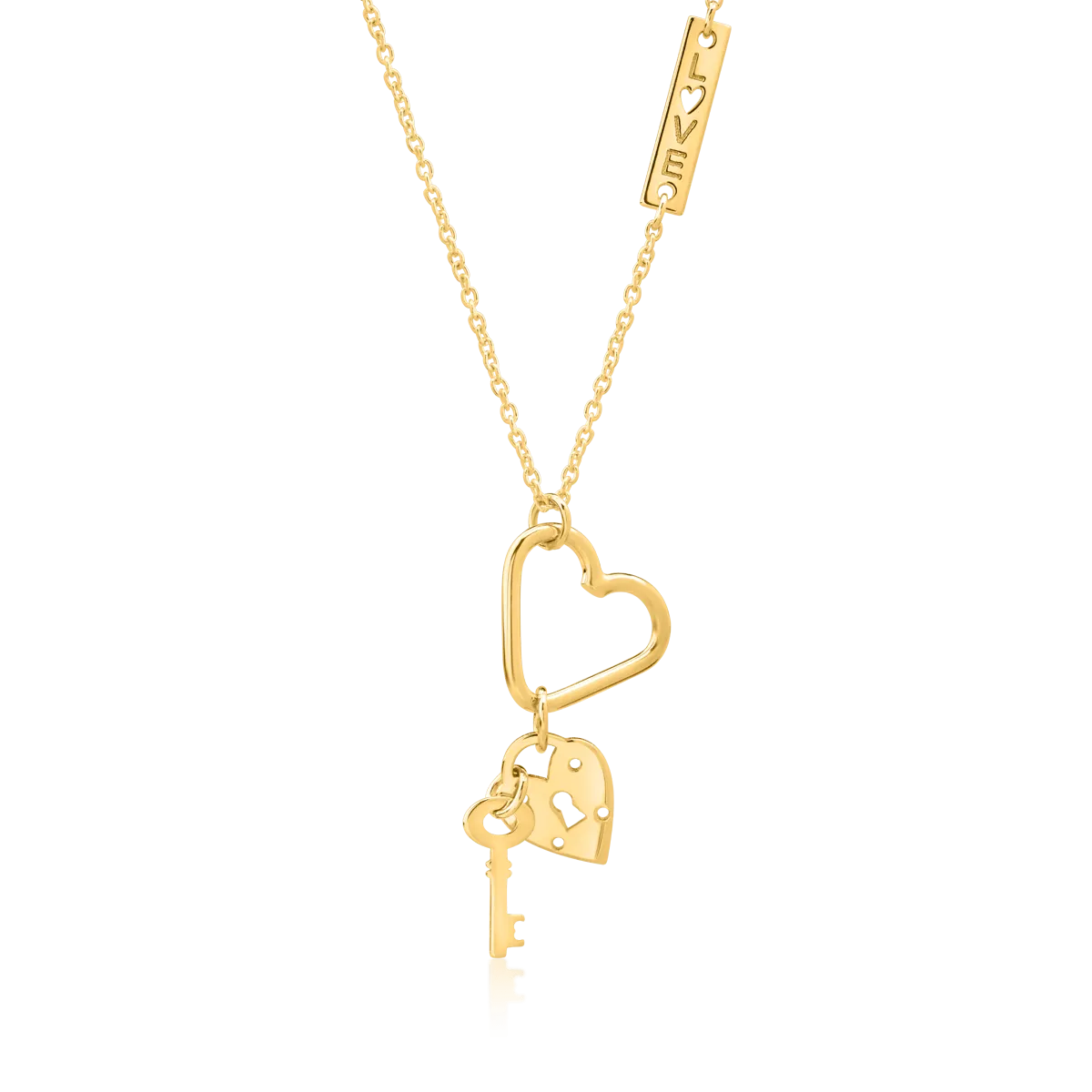 Lant cu pandantive inimi, lacat si cheita din aur galben