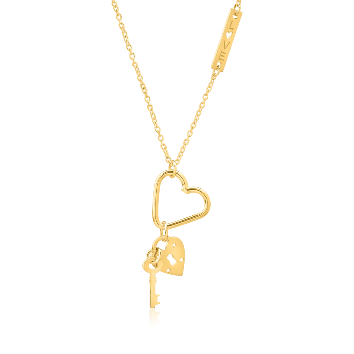 Lant cu pandantive inimi, lacat si cheita din aur galben
