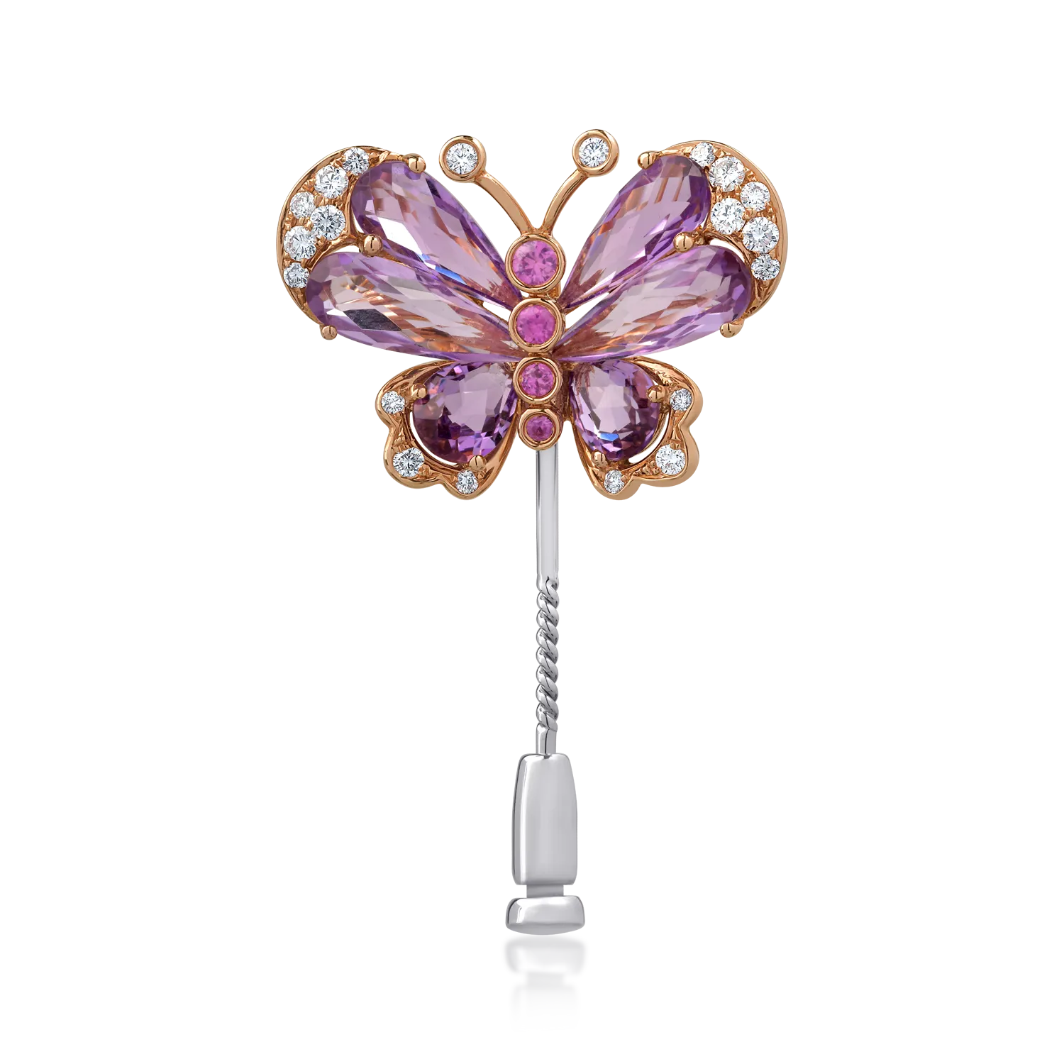 Brosa fluture din aur alb-roz cu pietre pretioase si semipretioase de 5.96ct